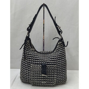 COBO International Black Nylon Mesh Woven Front Pocket Zipper Hobo Shoulder Bag